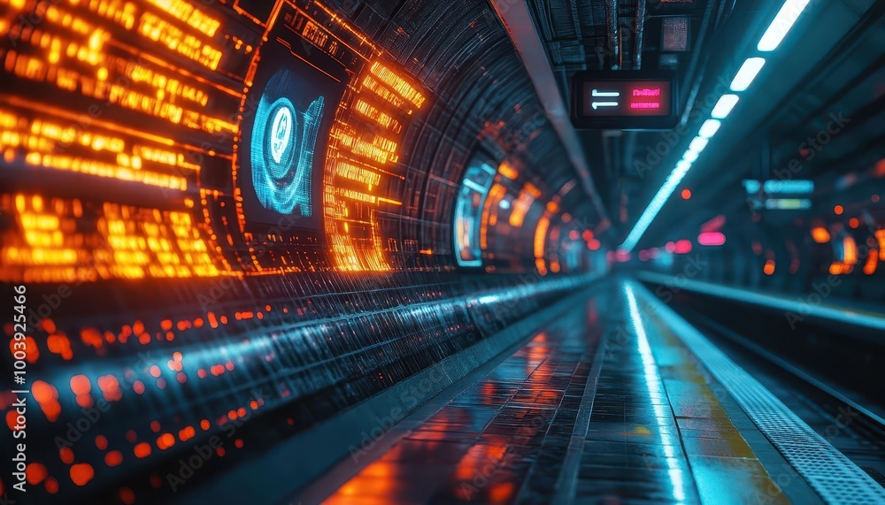 Subway station glowing with neon lights and holographic navigation signs Futuristic Neon High Detail Subway station glowing with neon lights and holographic navigation signs Futuristic Neon High Detail