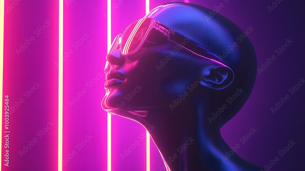 Robot or Artificial Human made of iridescent plastic material in neon lights. 3d rendering illustration in sci-fi futuristic style. Robot or Artificial Human made of iridescent plastic material in neon lights. 3d rendering illustration in sci-fi futuristic style.