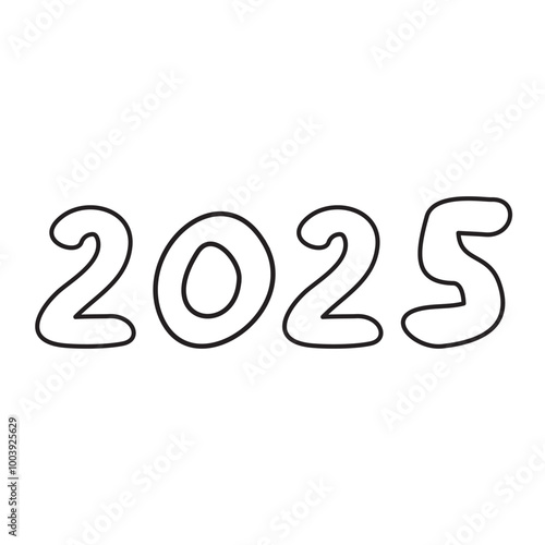 2025. New year design. Outline illustration on white background.