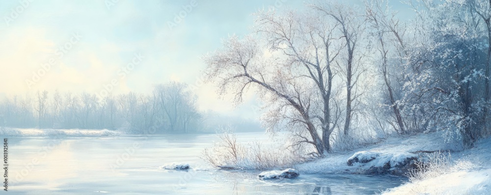 Serene winter landscape featuring tranquil water, bare trees, and soft snow, creating a peaceful and dreamy atmosphere. Serene winter landscape featuring tranquil water, bare trees, and soft snow, creating a peaceful and dreamy atmosphere.