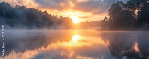 A tranquil sunrise over a misty lake, surrounded by lush trees reflecting in the calm water, evoking peace and serenity.