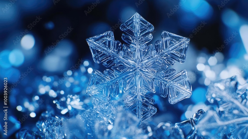 A close-up view of a delicate snowflake showcasing intricate patterns against a shimmering blue background. A close-up view of a delicate snowflake showcasing intricate patterns against a shimmering blue background.