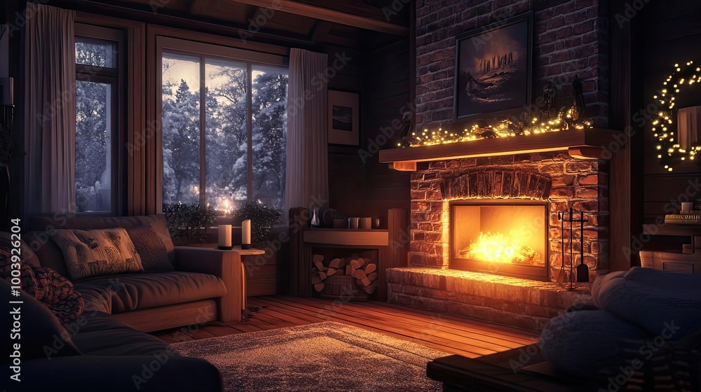 Cozy living room with a warm fireplace, winter scenery outside, and soft lighting creating a peaceful atmosphere. Cozy living room with a warm fireplace, winter scenery outside, and soft lighting creating a peaceful atmosphere.