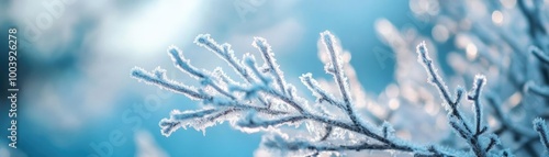 A close-up of a frosted branch, shimmering in soft blue light, capturing the beauty of winter's delicate touch.