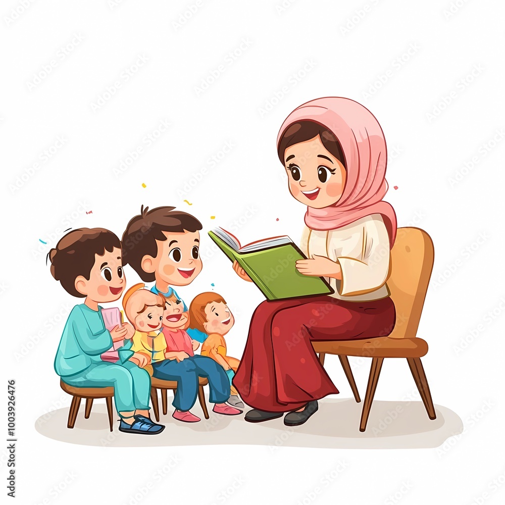 A cute cartoon moslem woman teacher sitting on a chair, reading a storybook to a group of happy children, drawn in a soft, charming style with a clean white background A cute cartoon moslem woman teacher sitting on a chair, reading a storybook to a group of happy children, drawn in a soft, charming style with a clean white background