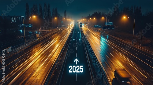 A highway stretching out under the night sky, illuminated by artificial lights guiding the way toward a bright future marked as '2025', suggesting modernity and progress.