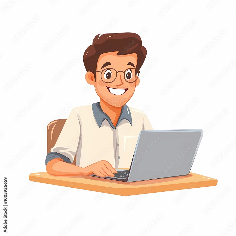 a friendly cartoon male teacher sitting at a desk with a laptop, teaching an online class, with a joyful expression, drawn in a modern, playful style on a clean white background a friendly cartoon male teacher sitting at a desk with a laptop, teaching an online class, with a joyful expression, drawn in a modern, playful style on a clean white background