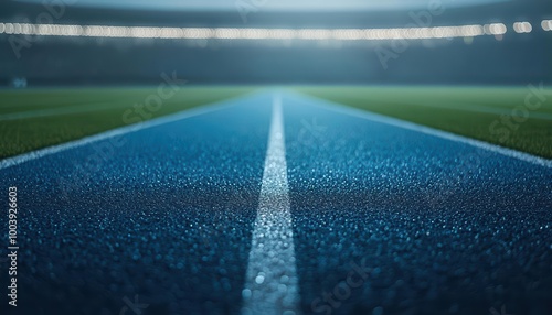 Close-up view of a running track with blue surface in a stadium under illuminated lights. photo