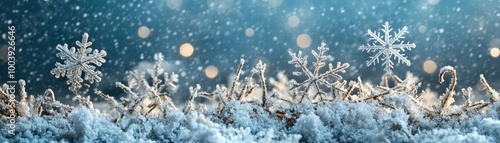 A serene winter landscape featuring intricate snowflakes and soft bokeh lights, encapsulating the magic of snowfall.