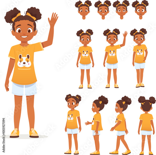 Character design of girl with curly hair in yellow t-shirt and shorts. Front, side, and back views with multiple facial expressions. Cartoon illustration for animation or character development.