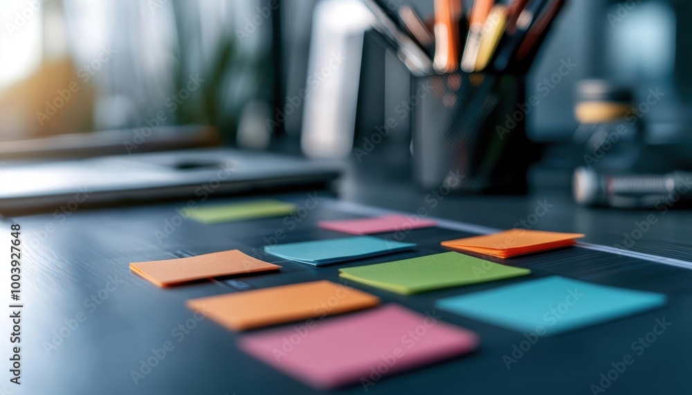 Colorful sticky notes on a desk with stationary and a laptop in an organized workspace. Colorful sticky notes on a desk with stationary and a laptop in an organized workspace.
