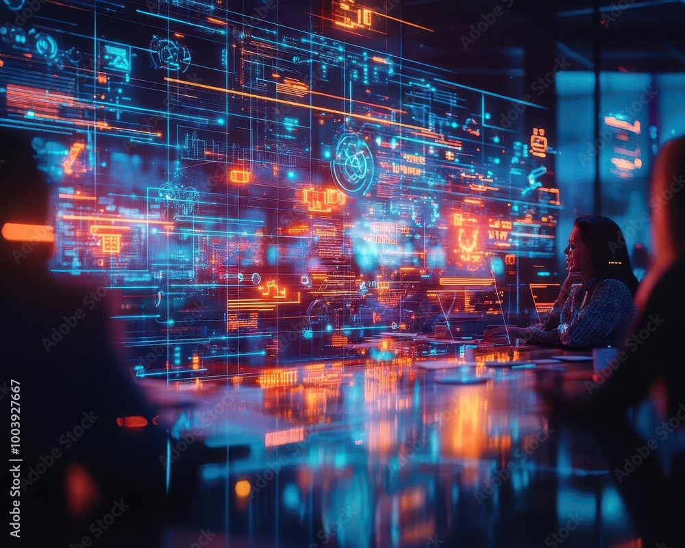 Virtual meeting with glowing holographic participants and smart conferencing tools Futuristic Hologram Minimalist Virtual meeting with glowing holographic participants and smart conferencing tools Futuristic Hologram Minimalist