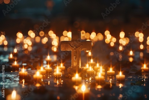 Serene Candlelit Room with Cross and Stone Wall for Quiet Prayer and Spiritual Reflection