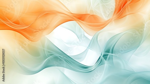 Abstract background with flowing, translucent waves in soft orange, green, and white tones. The shapes create a light, airy feeling, resembling mist or smoke in a serene, harmonious composition.