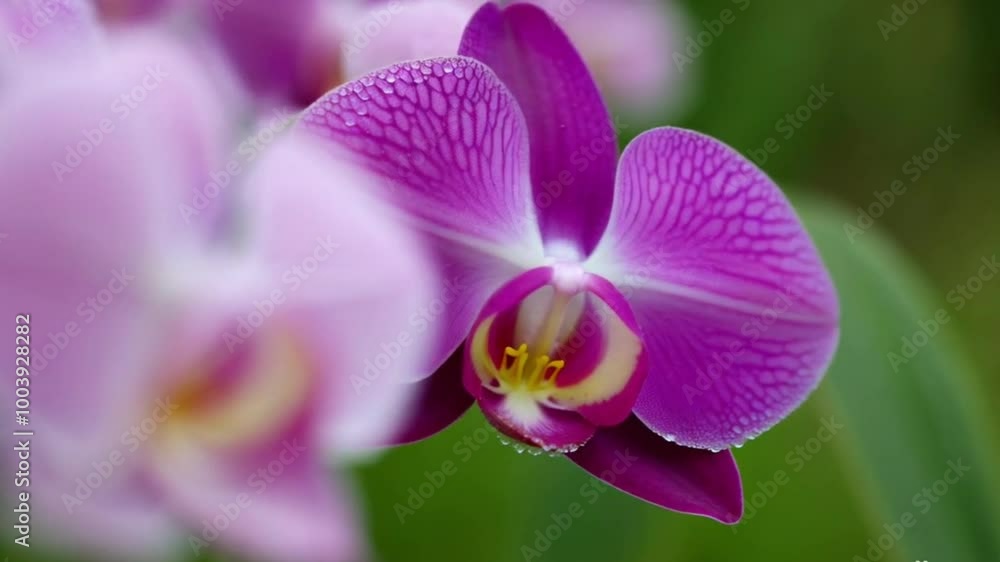 beautiful orchid flower in pink pot in sunny morning with blur background beautiful orchid flower in pink pot in sunny morning with blur background