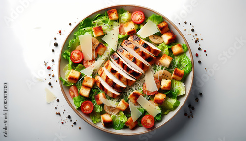 Delicious fresh Caesar salad with grilled chicken. Diet concept. Crisp lettuce, cheese, tomatoes are healthy Mediterranean favorite food dish.