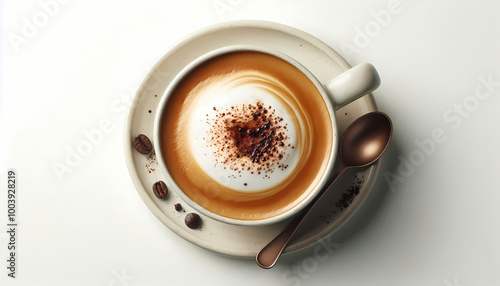 Coffee art in foam of hot drink in ceramic cup. Flat lay display of cappuccino, latte or mocha for restaurant or coffee shop isolated on white.
