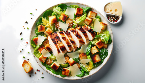 Delicious fresh Caesar salad with grilled chicken. Crisp lettuce, cheese, tomatoes are healthy Mediterranean favorite food dish.