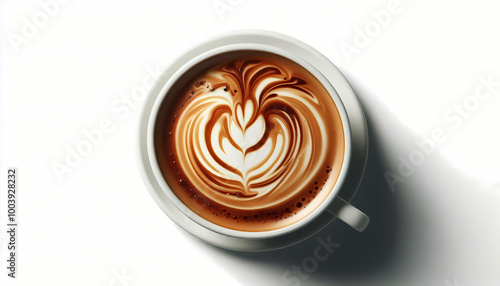 Coffee art in foam of hot drink in ceramic cup. Flat lay display of cappuccino, latte or mocha for restaurant or coffee shop isolated on white.