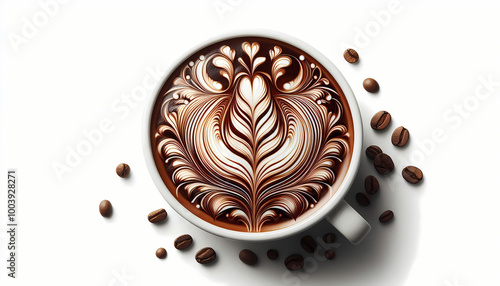 Coffee art in foam of hot drink in ceramic cup. Flat lay display of cappuccino, latte or mocha for restaurant or coffee shop isolated on white.