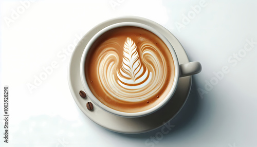 Coffee art in foam of hot drink in ceramic cup. Flat lay display of cappuccino, latte or mocha for restaurant or coffee shop isolated on white.