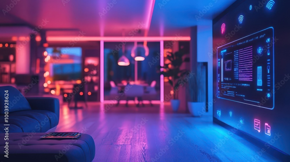 Wireless technology in a futuristic smart home with glowing neon signals and digital devices Futuristic Neon Minimalist Wireless technology in a futuristic smart home with glowing neon signals and digital devices Futuristic Neon Minimalist
