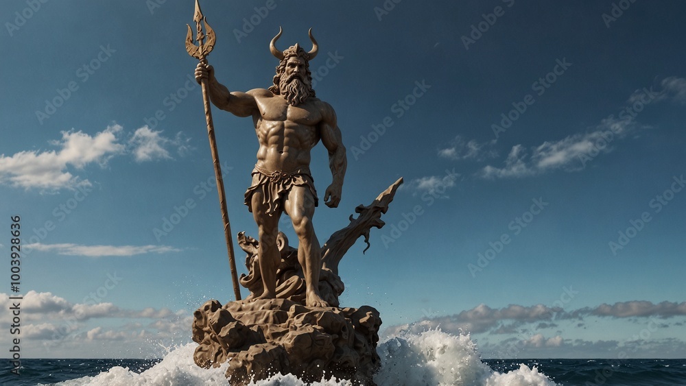 Obraz premium A powerful statue of Poseidon, god of the sea, standing with his trident raised high, waves crashing at his feet as he controls the oceans.