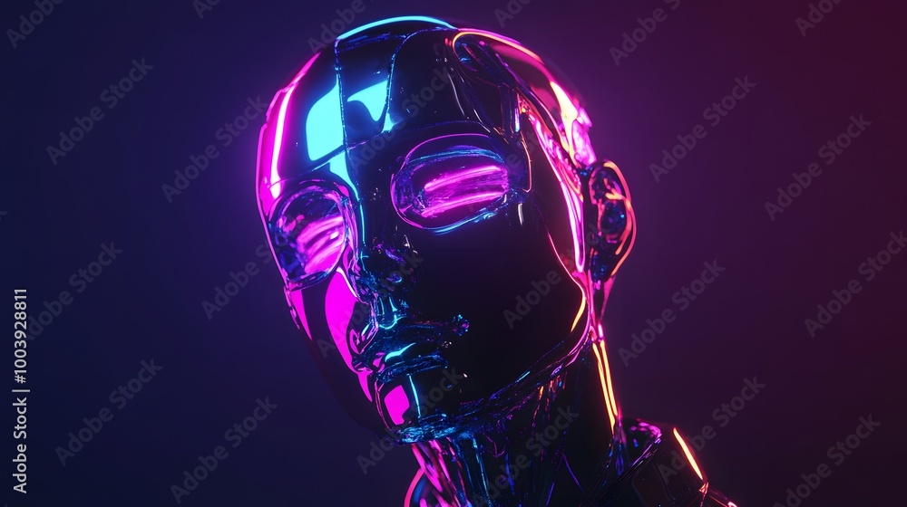 Robot or Artificial Human made of iridescent plastic material in neon lights. 3d rendering illustration in sci-fi futuristic style. Robot or Artificial Human made of iridescent plastic material in neon lights. 3d rendering illustration in sci-fi futuristic style.