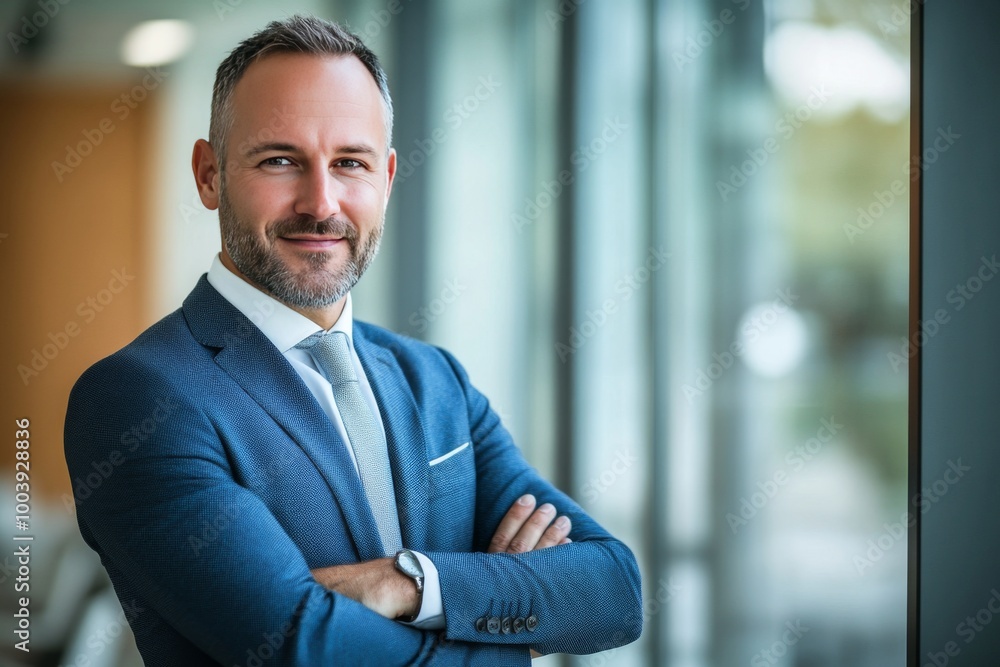 Confident businessman standing with arms crossed, looking at the camera in a modern office setting. Confident businessman standing with arms crossed, looking at the camera in a modern office setting.