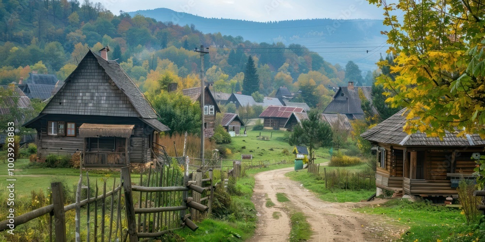 Eastern European Village: A quaint village in Eastern Europe with traditional wooden houses Eastern European Village: A quaint village in Eastern Europe with traditional wooden houses