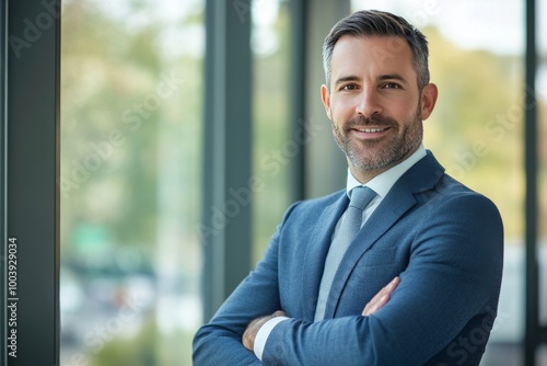 Confident businessman standing in front of a window, arms crossed.