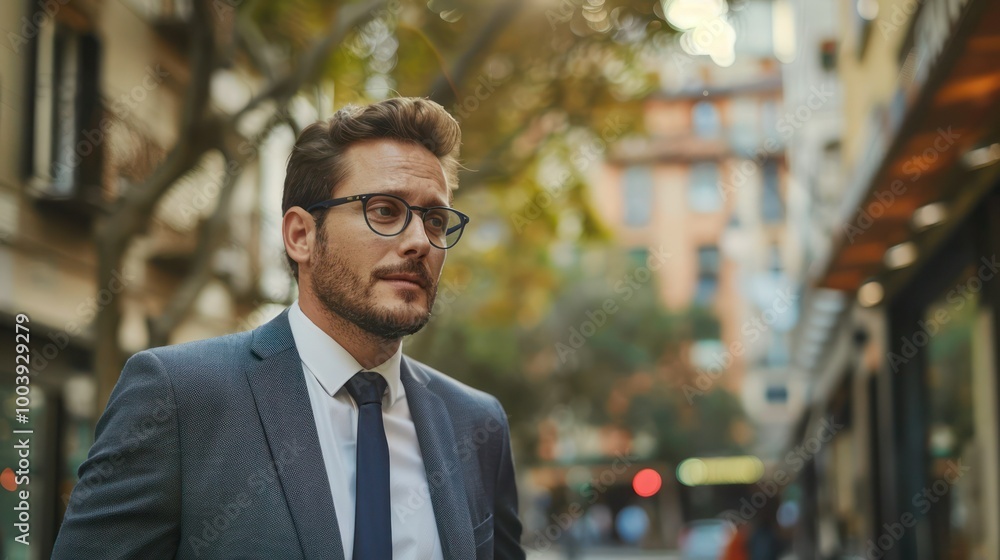 Man in Suit: A European man in a business suit walking through a city Man in Suit: A European man in a business suit walking through a city