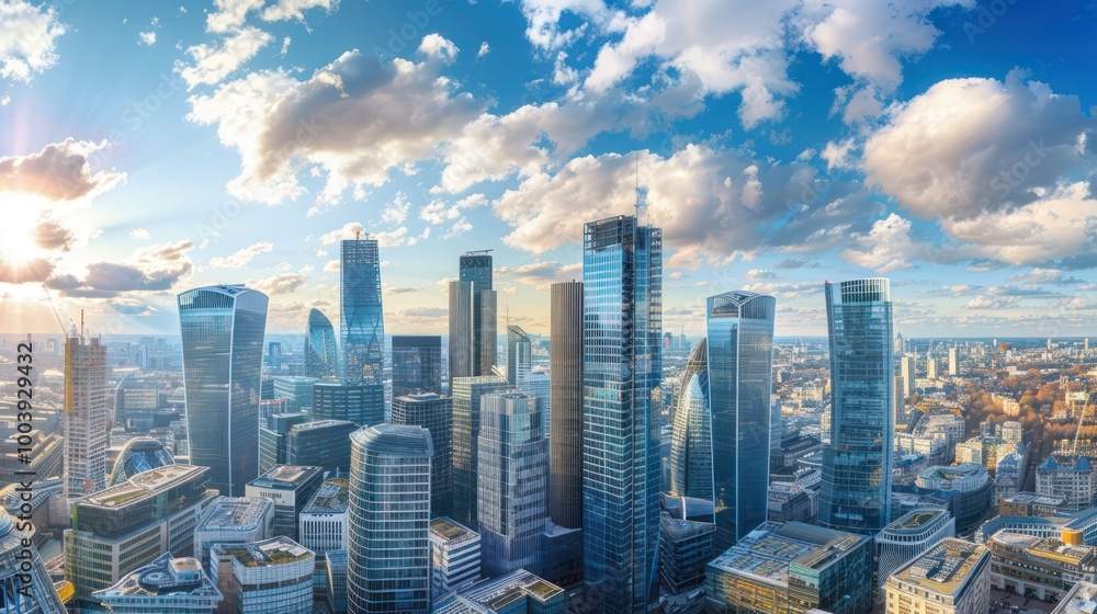 Fototapeta premium Modern Cityscape: A modern European cityscape with skyscrapers and urban developments