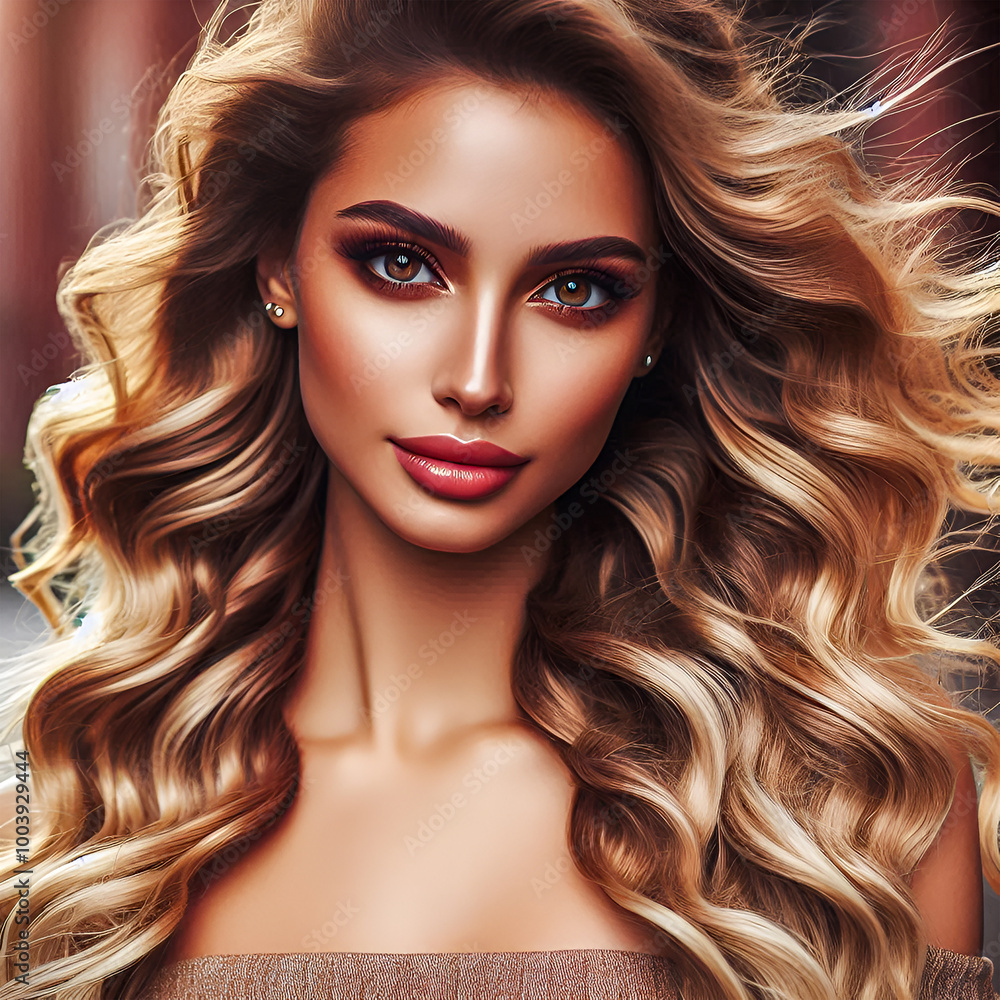 Obraz premium Beautiful woman, wind in long wave blonde hair, hazel eyes