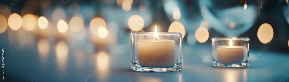 Elegant candles glowing softly on a table, creating a warm and inviting atmosphere. Elegant candles glowing softly on a table, creating a warm and inviting atmosphere.
