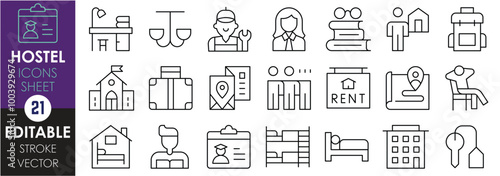 A set of line icons related to hostel. Hostel, student, traveller, room, beds, roommate, comfortable, rent, study, and so on. Vector editable stroke.