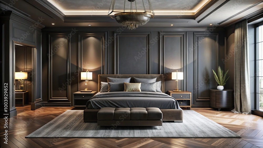 Fototapeta premium Luxurious bedroom with dark black tones