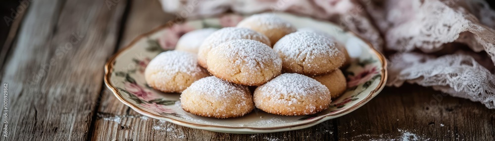A beautifully arranged plate of freshly baked cookies dusted with powdered sugar on a rustic wooden table. A beautifully arranged plate of freshly baked cookies dusted with powdered sugar on a rustic wooden table.