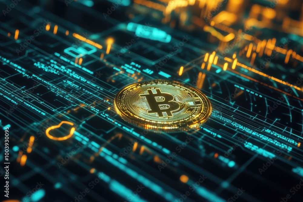 Close-up view of a Bitcoin on a digital circuit board, showcasing the fusion of cryptocurrency and technology. Close-up view of a Bitcoin on a digital circuit board, showcasing the fusion of cryptocurrency and technology.