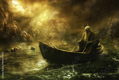Charon Crossing the River Styx as he guides departed souls through the darkness into the mythical realm of the god Hades in Greek legends