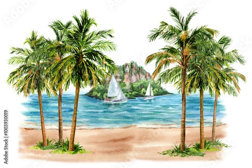 Hand drawn tropical landscape with sailors in the sea