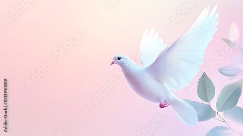 A white dove in flight against a soft pink and purple background.