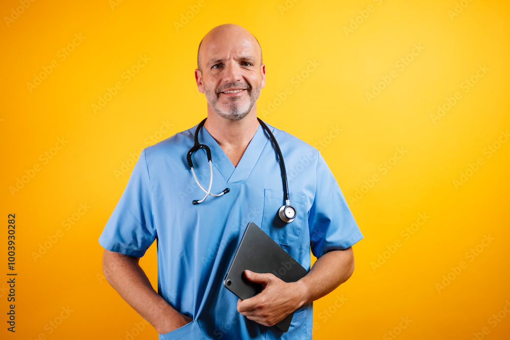 Nurse in blue lab coat holding tablet and stethoscope on yellow background. Nurse in blue lab coat holding tablet and stethoscope on yellow background.