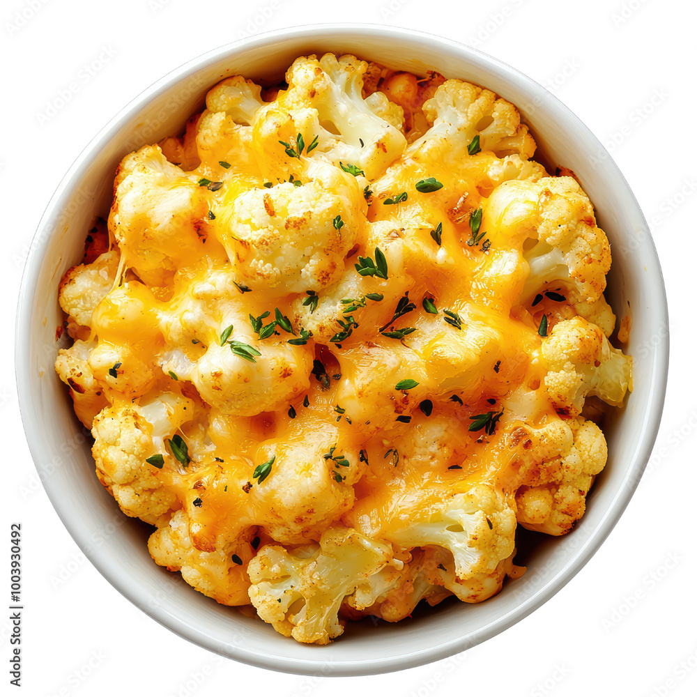 Baked cauliflower with cheese in a white bowl, isolated on a white background. transparent background Baked cauliflower with cheese in a white bowl, isolated on a white background. transparent background