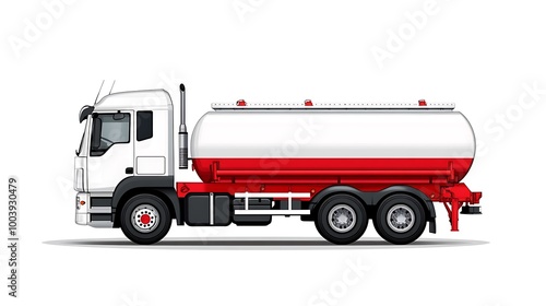 A white and red tanker truck isolated on a white background.