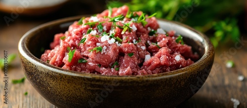 Bowl of fresh raw ground beef with salt and herbs.