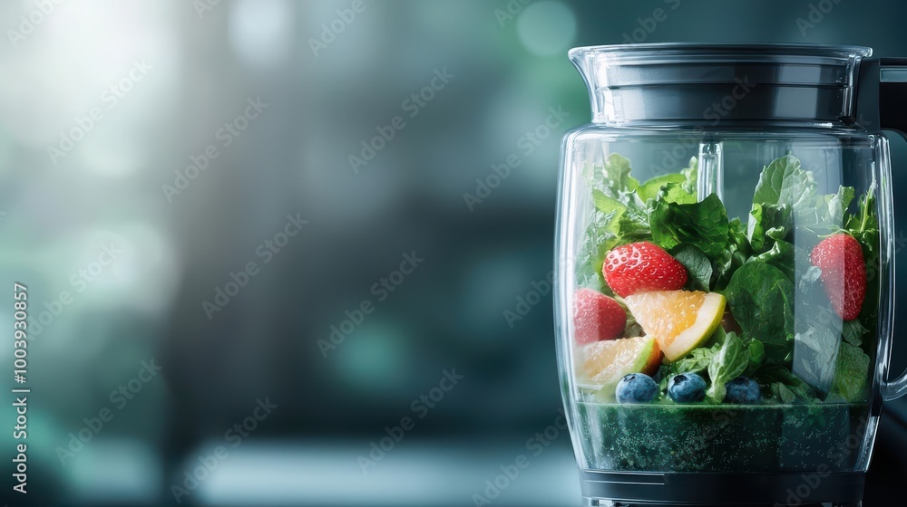 Fresh fruits and greens in a blender, ready for smoothie preparation against a blurred background. Fresh fruits and greens in a blender, ready for smoothie preparation against a blurred background.