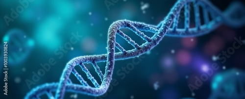 Blue DNA double helix structure molecule. World Science Day. Treating hereditary diseases, gene editing. Sustainable science, eco friendly technology. Medicine and health. Medical research. Copy space