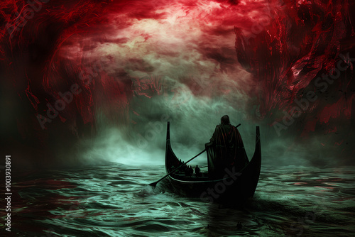 Charon Crossing the River Styx transporting souls across the underworld's boundary, an essential element in Greek myth and afterlife lore photo