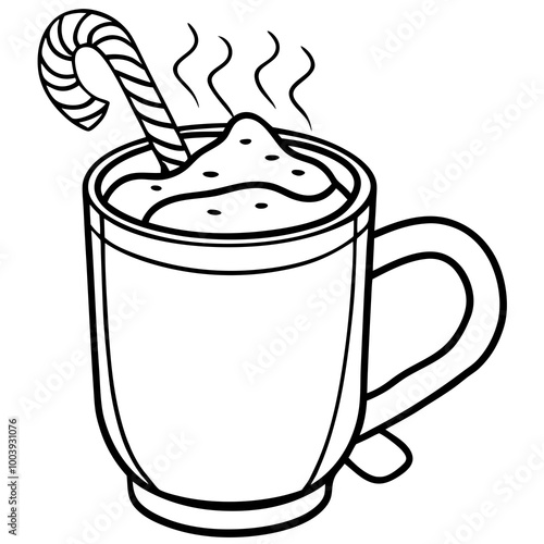 Cozy Hot Chocolate or Eggnog with Steaming Mug and Candy Cane line art vector